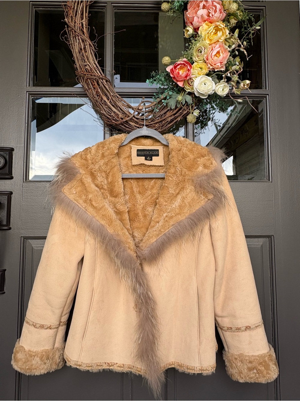 Kristen Blake Tan Faux Shearling Teddy Jacket with Fur Trim